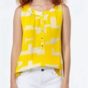 Kenneth Cole reaction yellow white geometric sheer button tank women’s L
